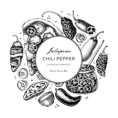 Mexican cuisine menu restaurant wreath design. Ripe jalapeno chili pepper sketches. Hot spices, vegetarian, healthy food hand drawn vector illustration. Jalapeno with slices and seeds for packaging